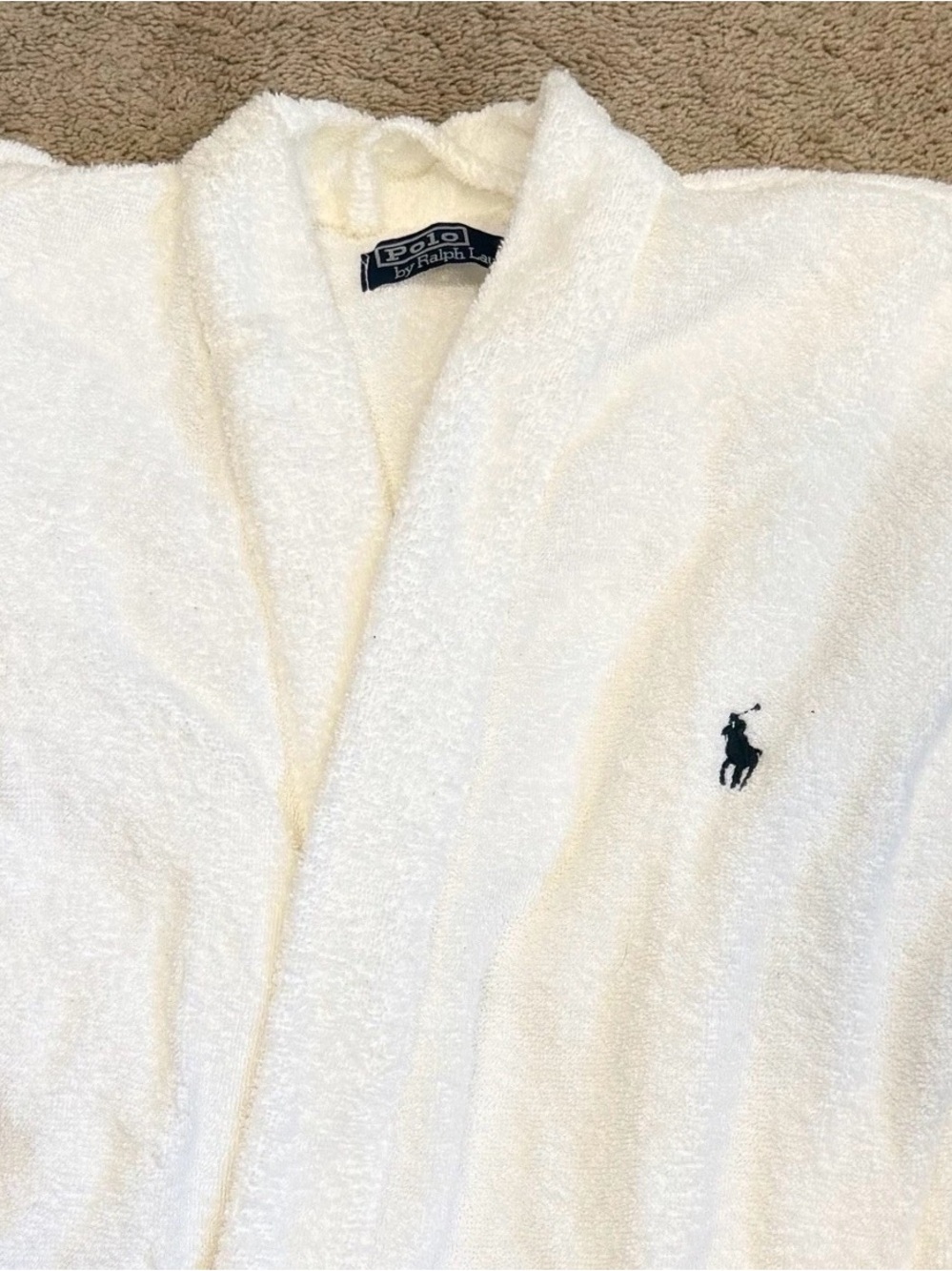 Vtg Polo Ralph Lauren Robe OS White Terry Cloth Cotton Belted Pockets Blue Pony